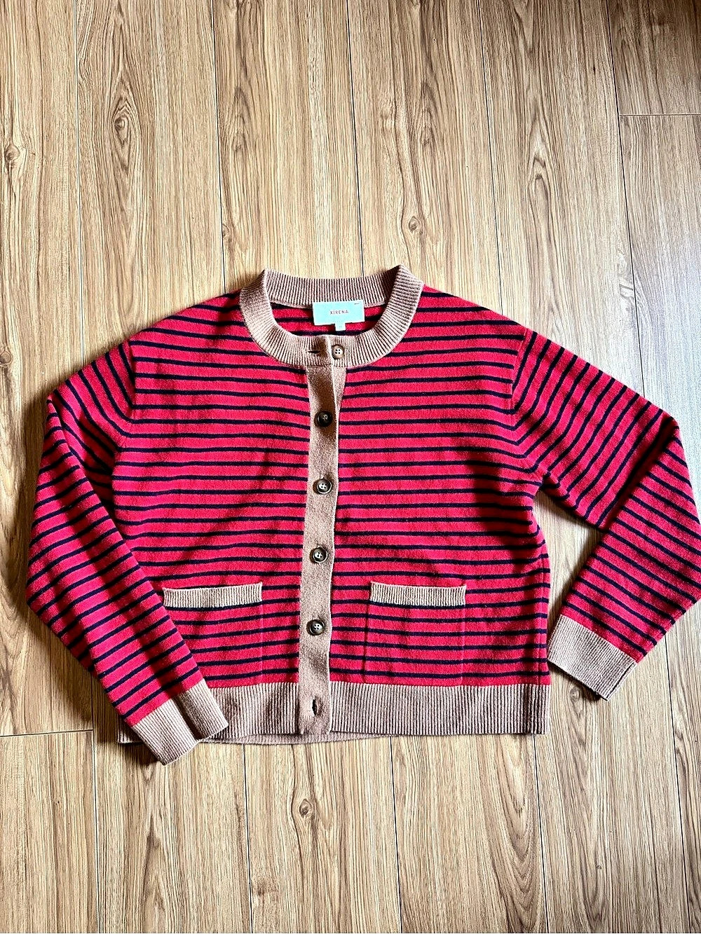 Xirena Striped Crewneck Cardigan Red & Navy Blue XS